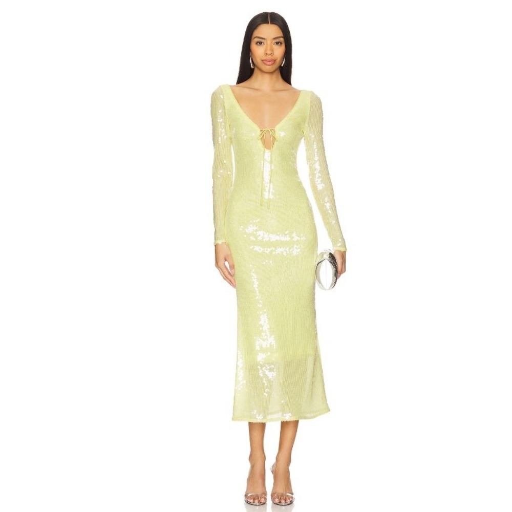 Bardot Verona Sequin Maxi Dress Women 10 Canary Yellow V-Neck Open Back NEW